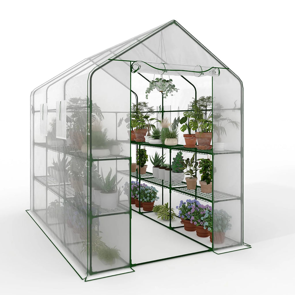 HiMISS Walk-In Greenhouse With PE Cover, Shelves And Zipper Door
