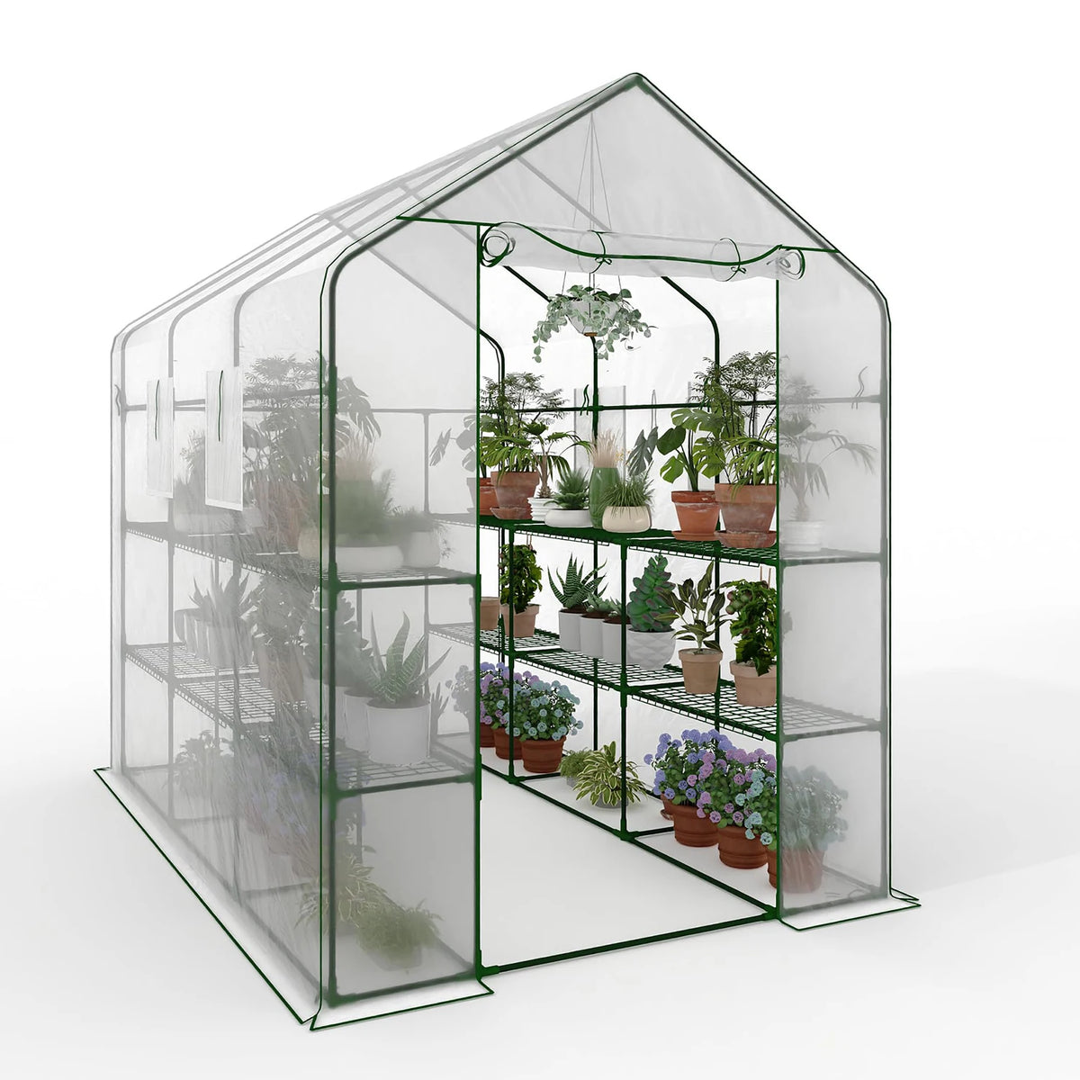 HiMISS Walk-In Greenhouse With PE Cover, Shelves And Zipper Door