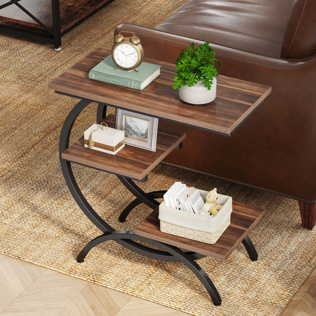 Tribesigns C Shaped Industrial Three Tier End Table With Storage