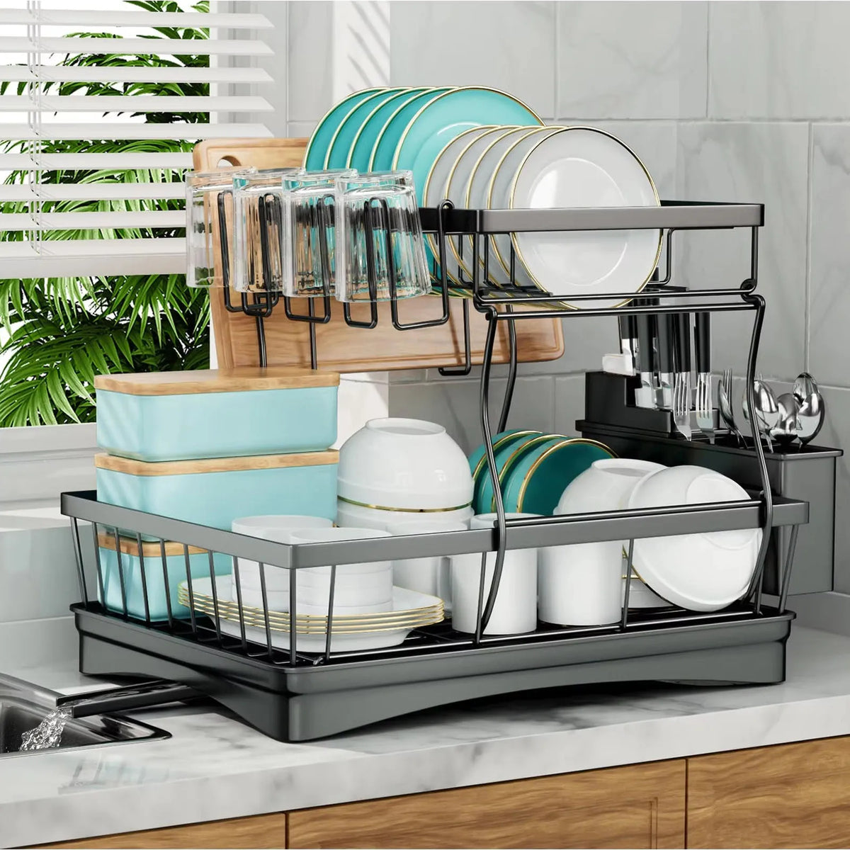 Two Tier Dish Drying Rack With Removable Draining Design