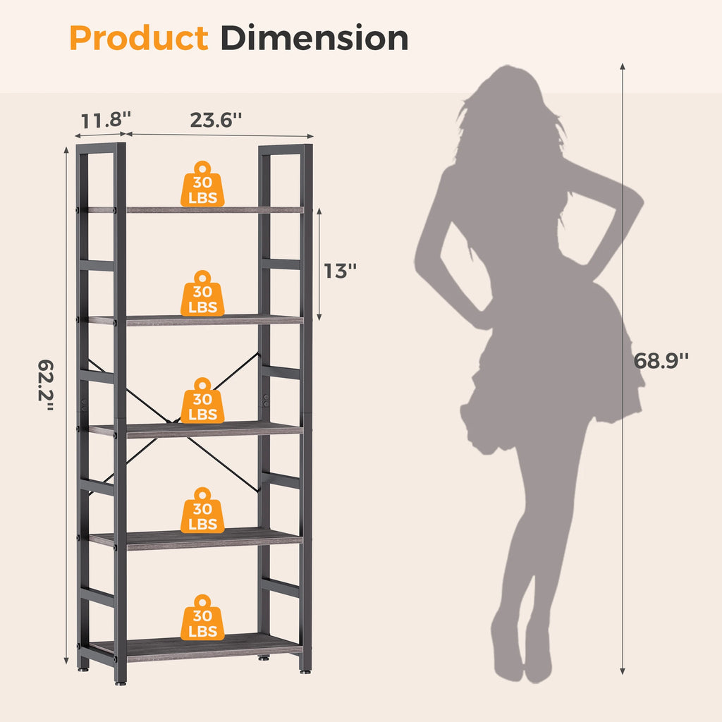 MCQ Wooden Five Tier Standing Bookshelf With Adjustable Feet