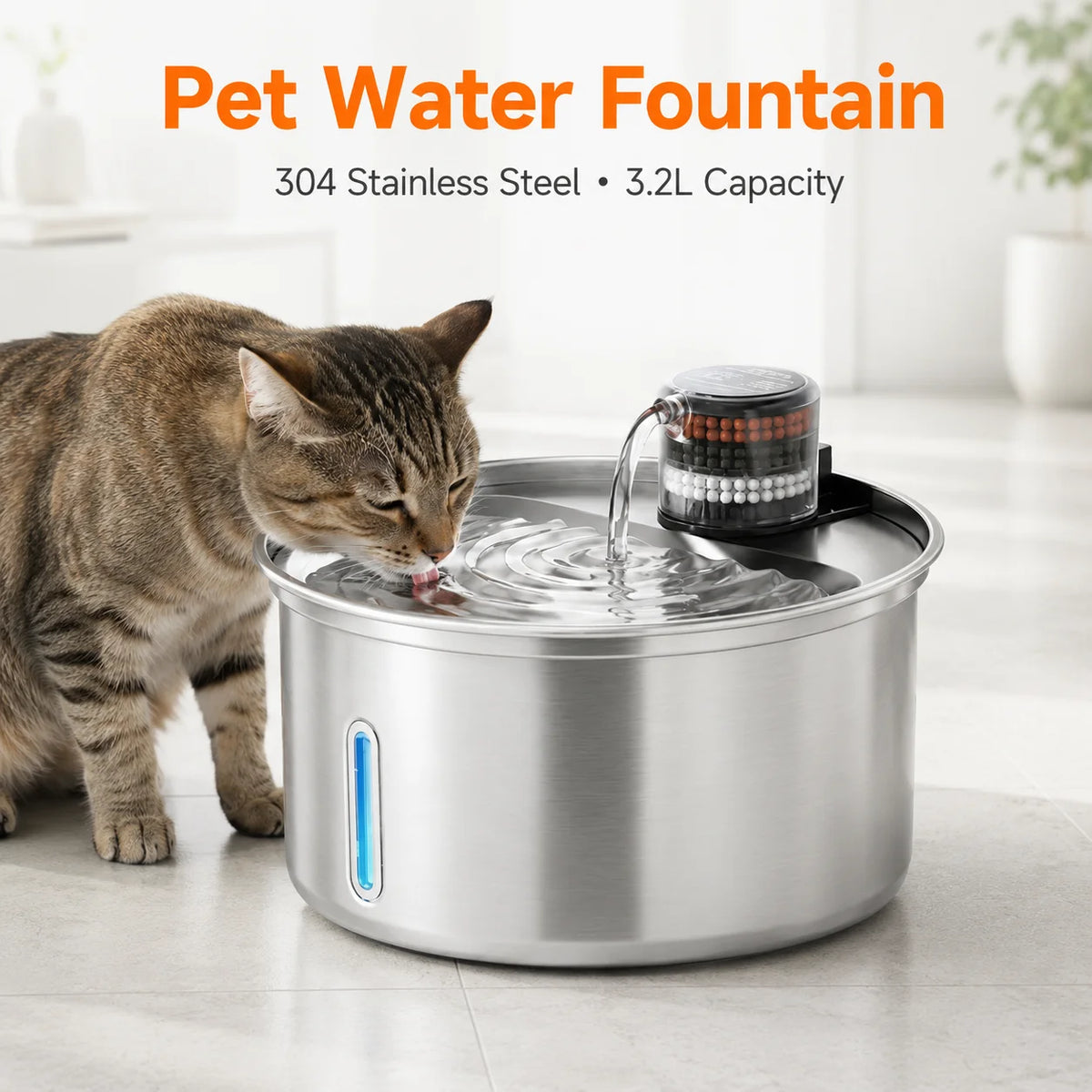 Automatic Stainless Steel Cat Water Fountain With Quiet Circulating Pump