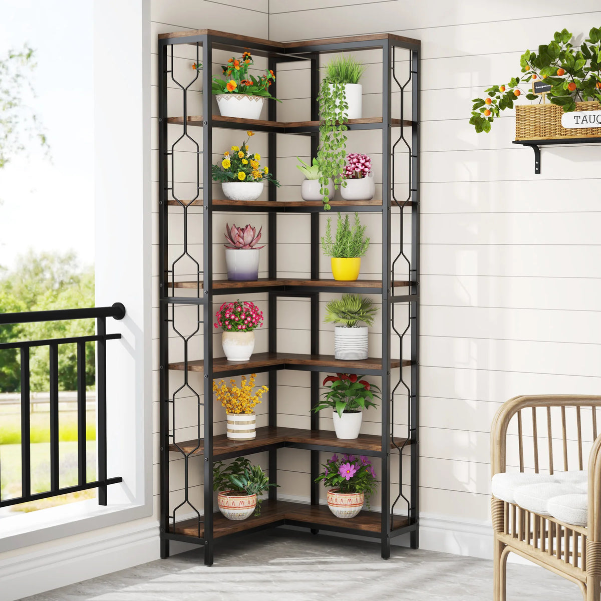 Tribesigns Industrial Corner Bookshelf With 7-Tier Wood and Metal Shelves
