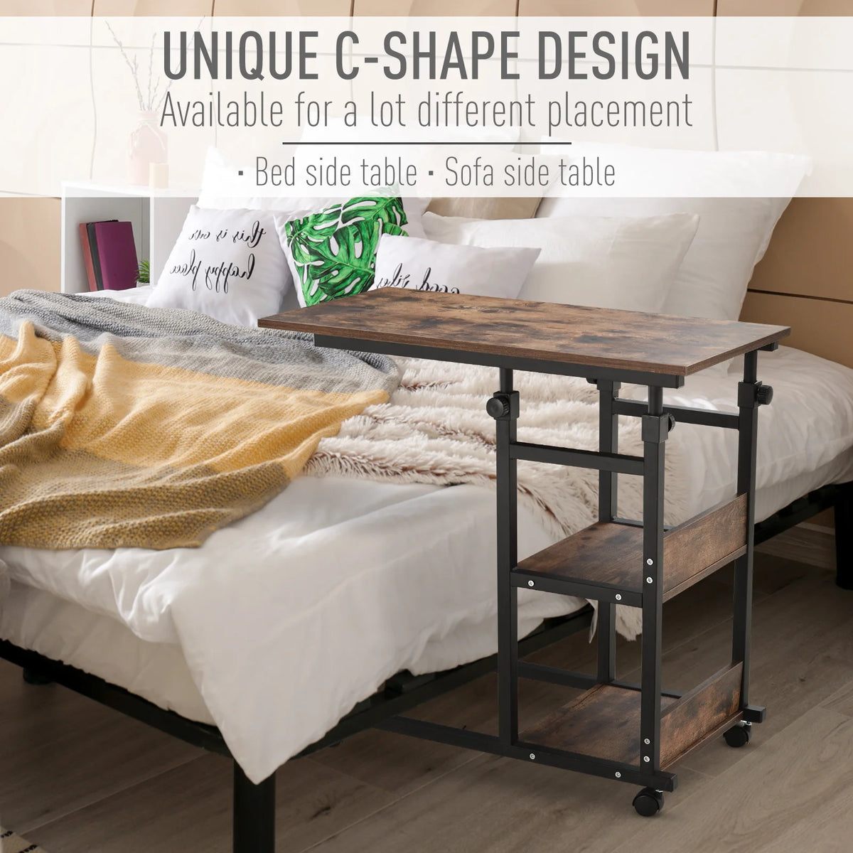 HOMCOM Industrial C-Shaped Rolling Sofa Side Table With Storage Shelves