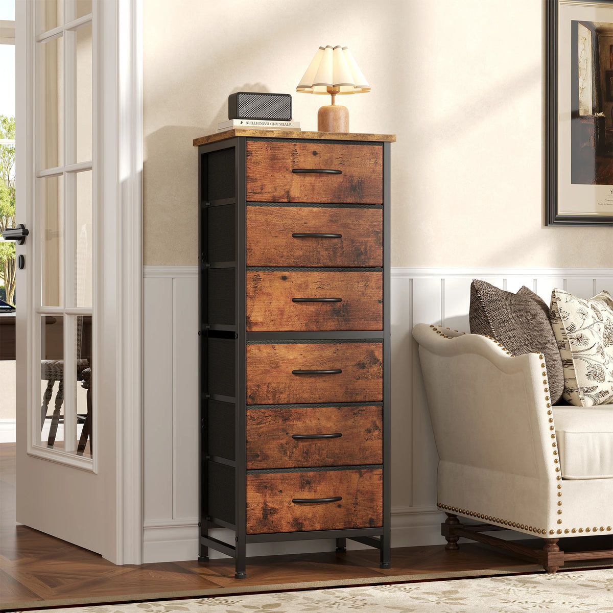 JHK Six Drawer Fabric Dresser With Metal Frame Wood Top