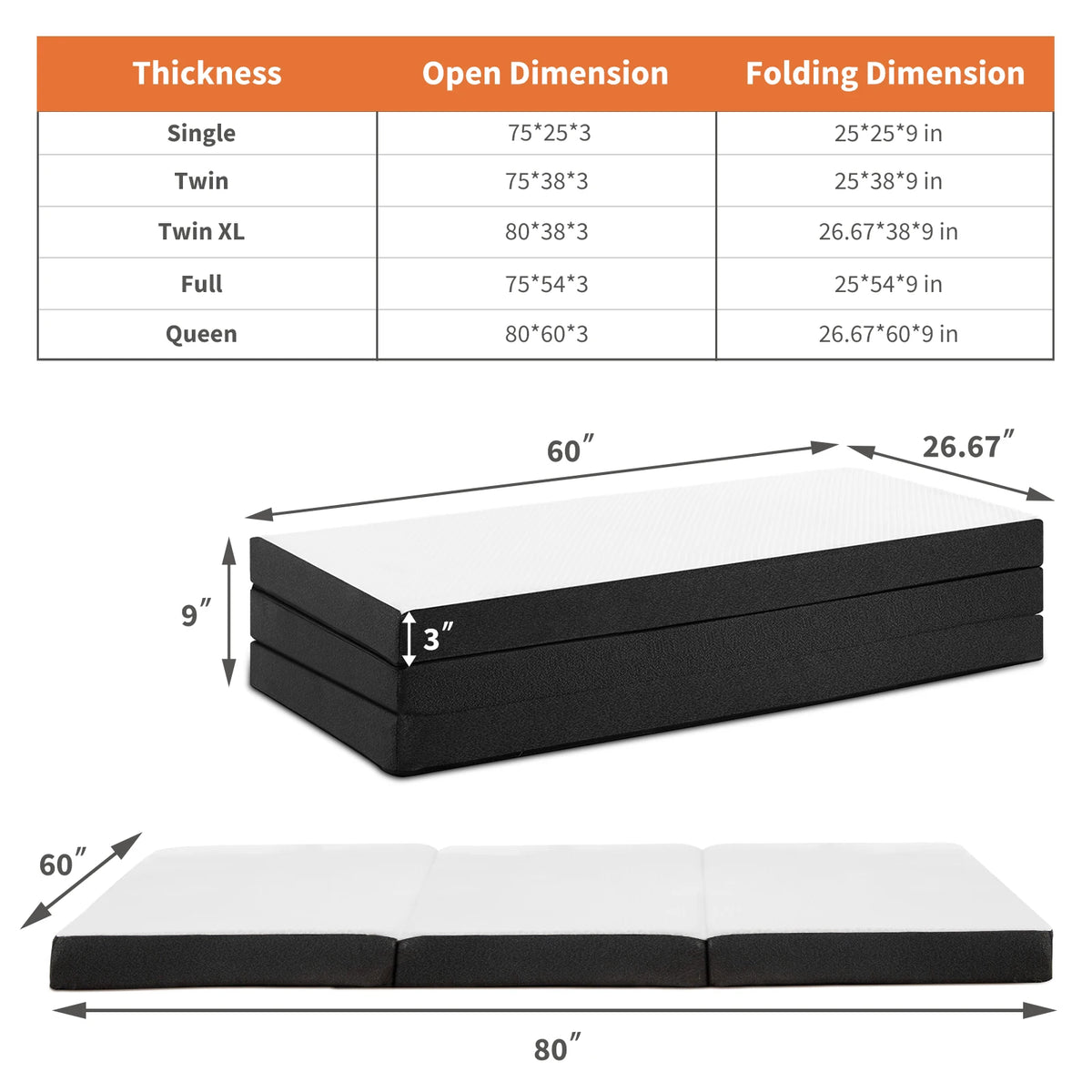 JHK CertiPUR-US Three Fold Memory Foam Floor Bed for Travel