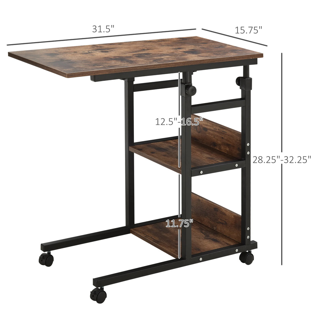 HOMCOM Industrial C-Shaped Rolling Sofa Side Table With Storage Shelves