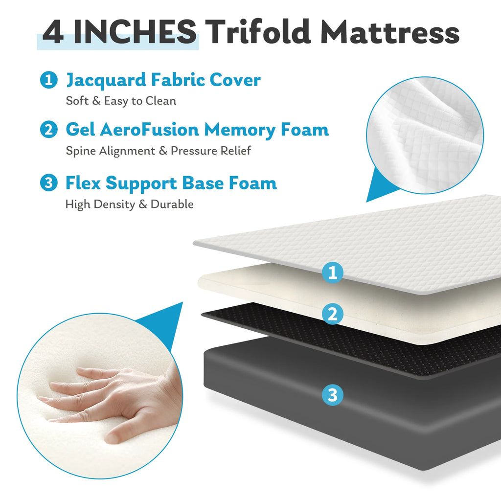 JHK CertiPUR-US Three Fold Memory Foam Floor Bed for Travel