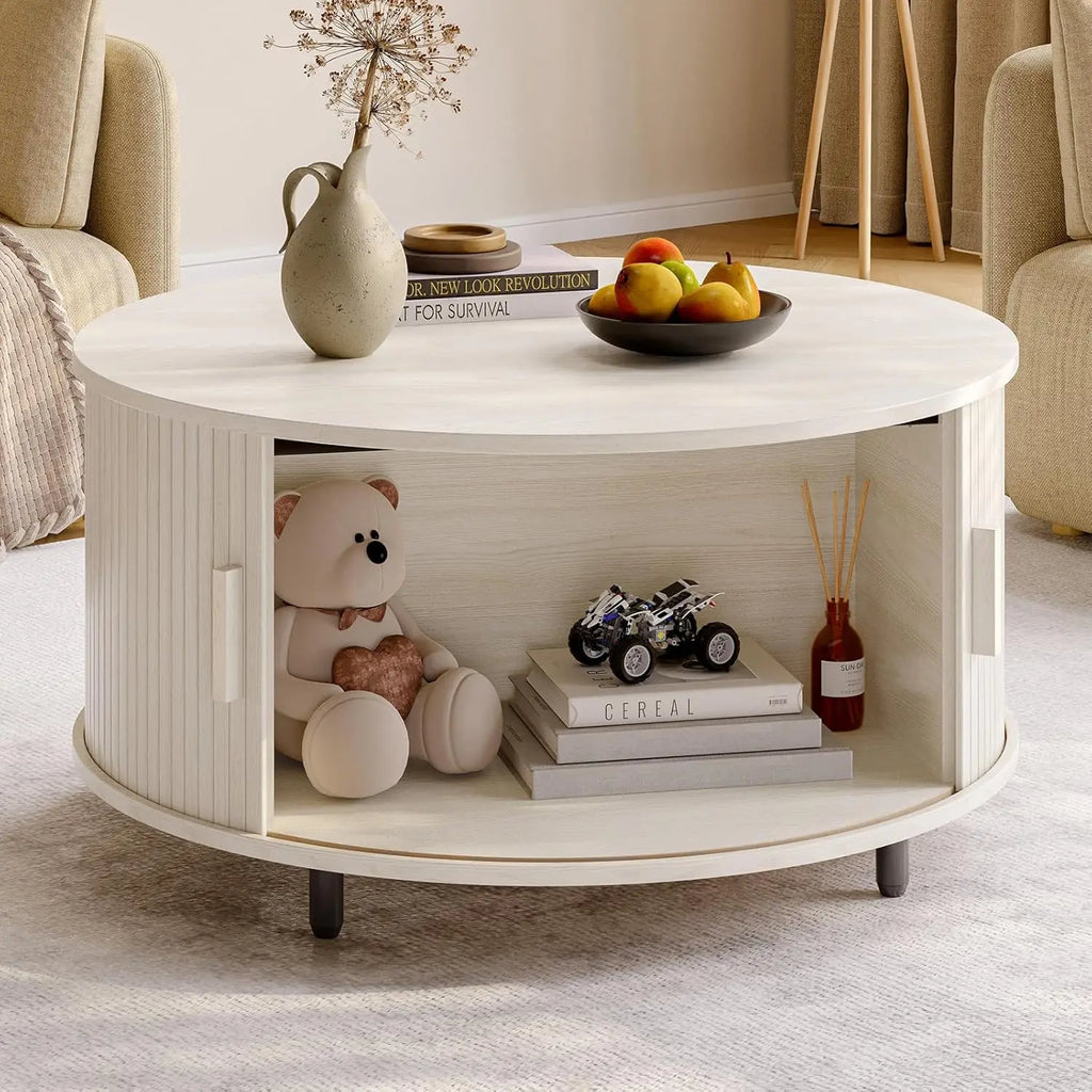 ONBRILL Round Coffee Table With Storage And Fluted Wood Design
