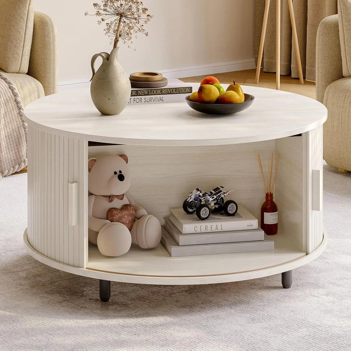 ONBRILL Round Coffee Table With Storage And Fluted Wood Design