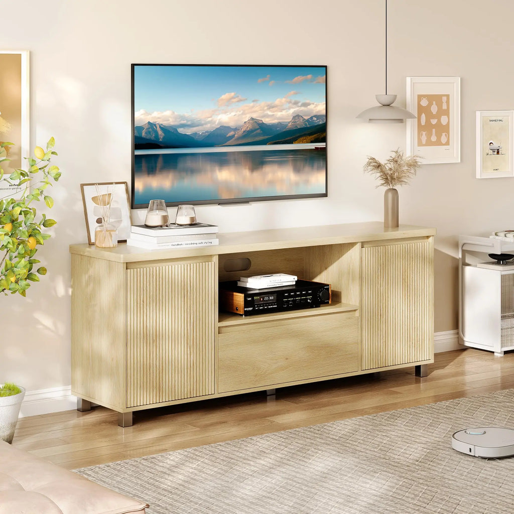HiMISS Modern TV Stand With Fluted Cabinets And Open Shelves