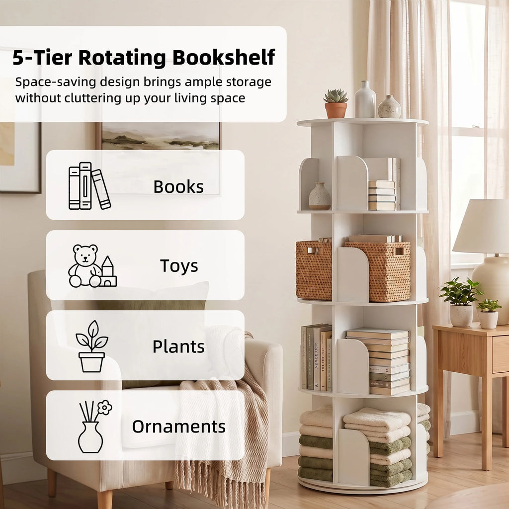 JHK Rotating Bookcase With Freestanding Vertical Display Storage