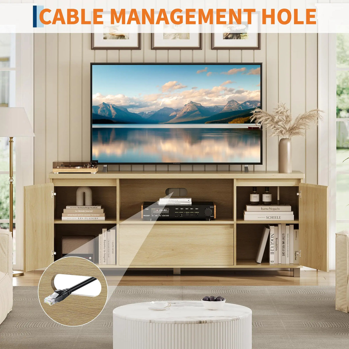 HiMISS Modern TV Stand With Fluted Cabinets And Open Shelves