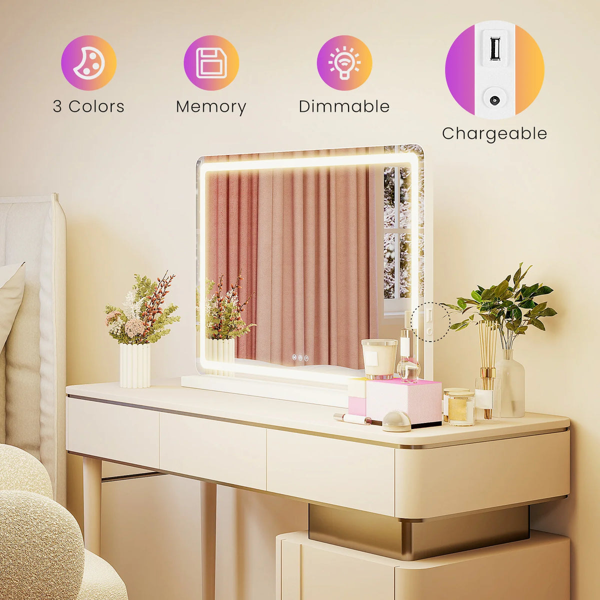 JHK LED Vanity Mirror With Lights Dimmable Three Color Modes
