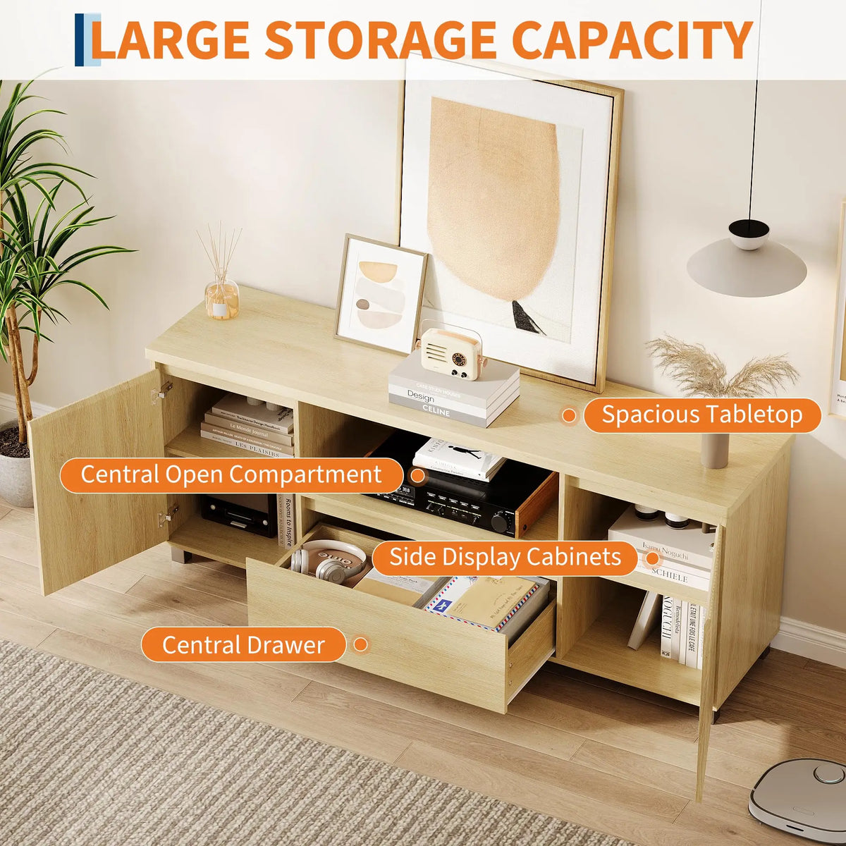 HiMISS Modern TV Stand With Fluted Cabinets And Open Shelves