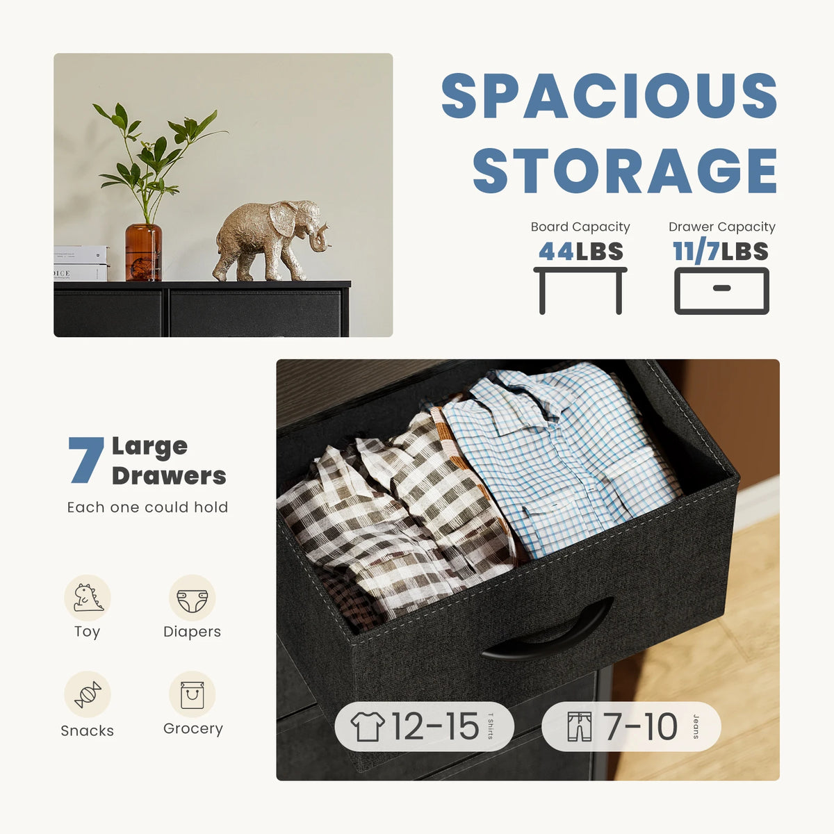 JHK Modern Fabric Drawer Dresser for Bedroom Storage Organizer