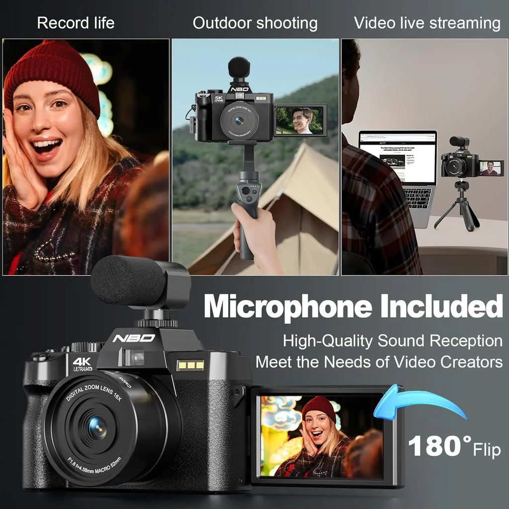 NBD 4K Camera With 48MP Flip Screen and Macro Lens