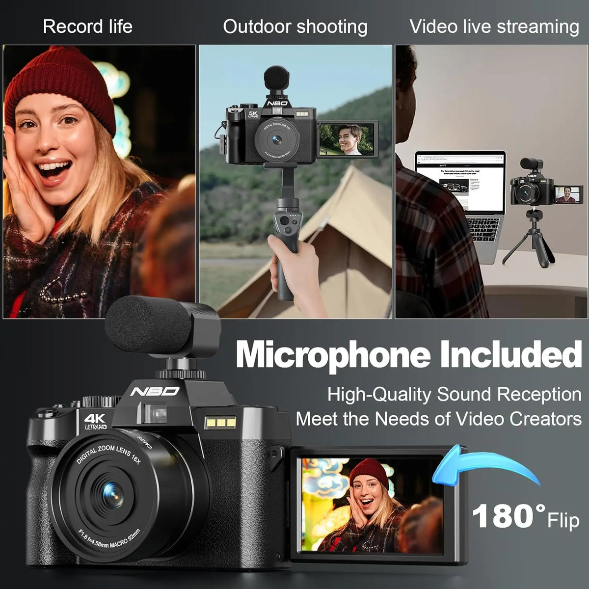 NBD 4K Camera With 48MP Flip Screen and Macro Lens