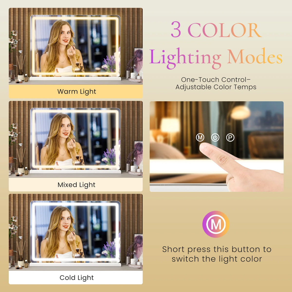 JHK LED Vanity Mirror With Lights Dimmable Three Color Modes