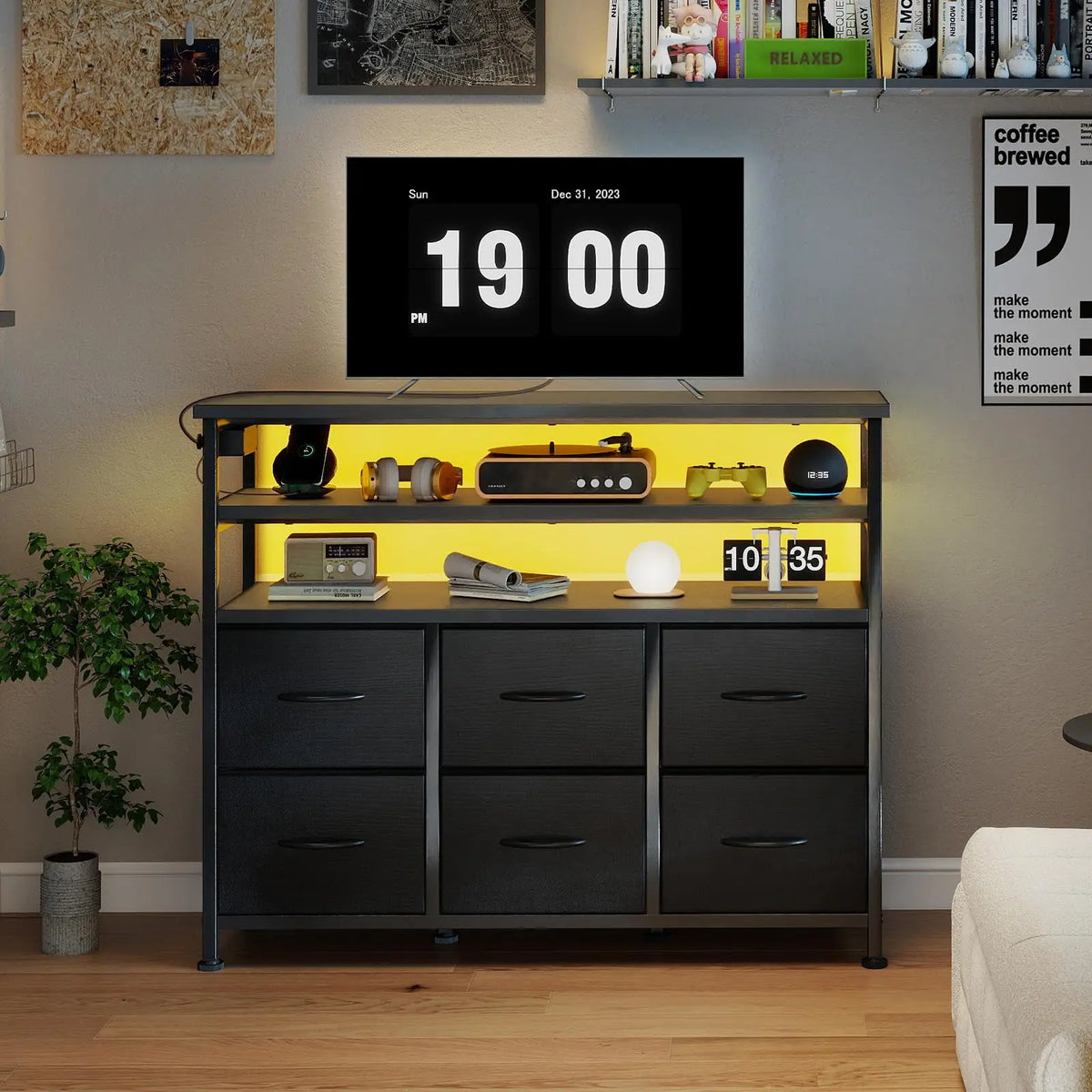 JHK TV Stand With Six Fabric Drawers And Storage Shelves