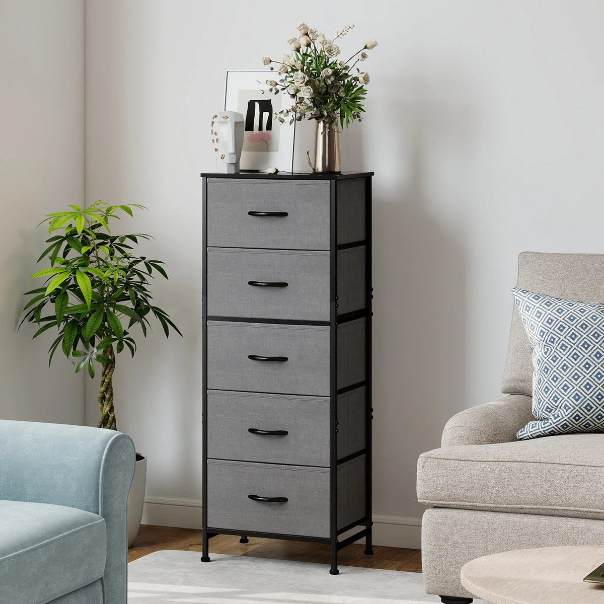 JHK Five Drawer Fabric Storage Cabinet for Living Room