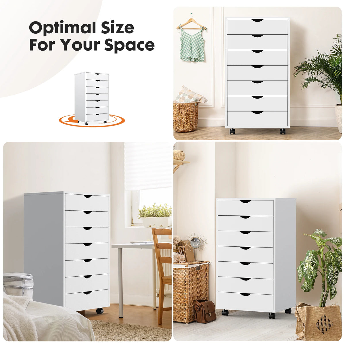 JHK Seven Drawer Wooden Storage Cabinet With Rolling Wheels