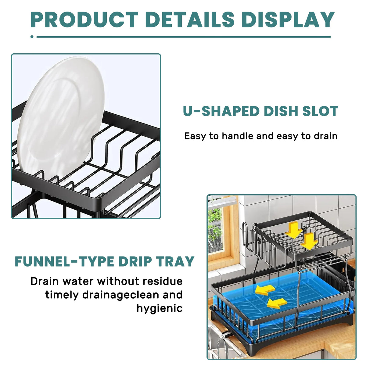 Two Tier Dish Drying Rack With Removable Draining Design