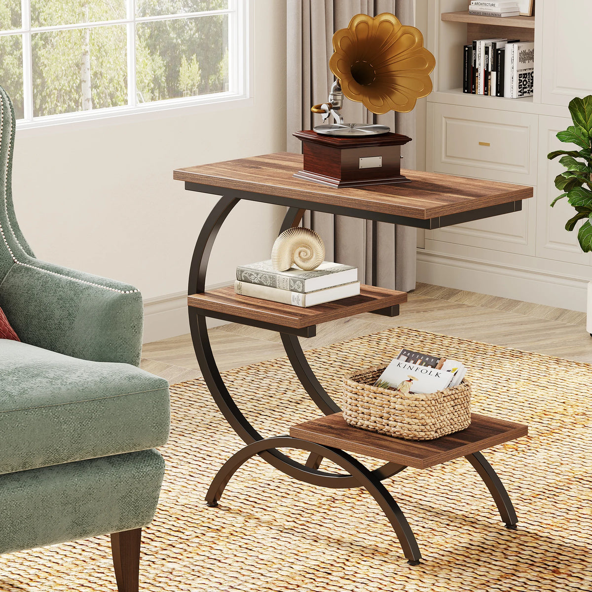 Tribesigns C Shaped Industrial Three Tier End Table With Storage