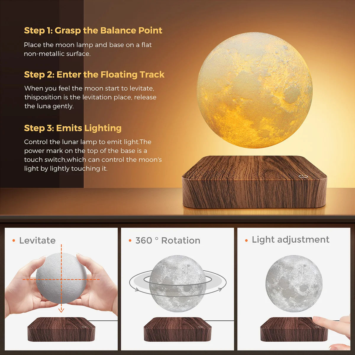 Mexllex Magnetic Floating Moon Lamp With Rotating LED Night Light