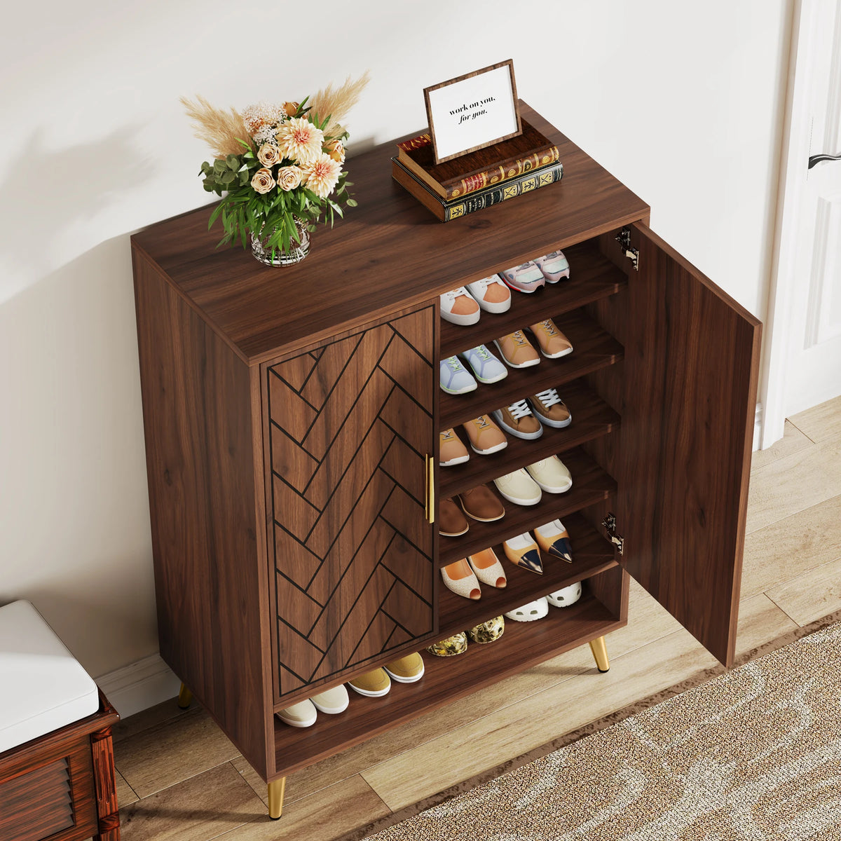 Tribesigns Wooden Shoe Cabinet With Doors And Adjustable Shelves