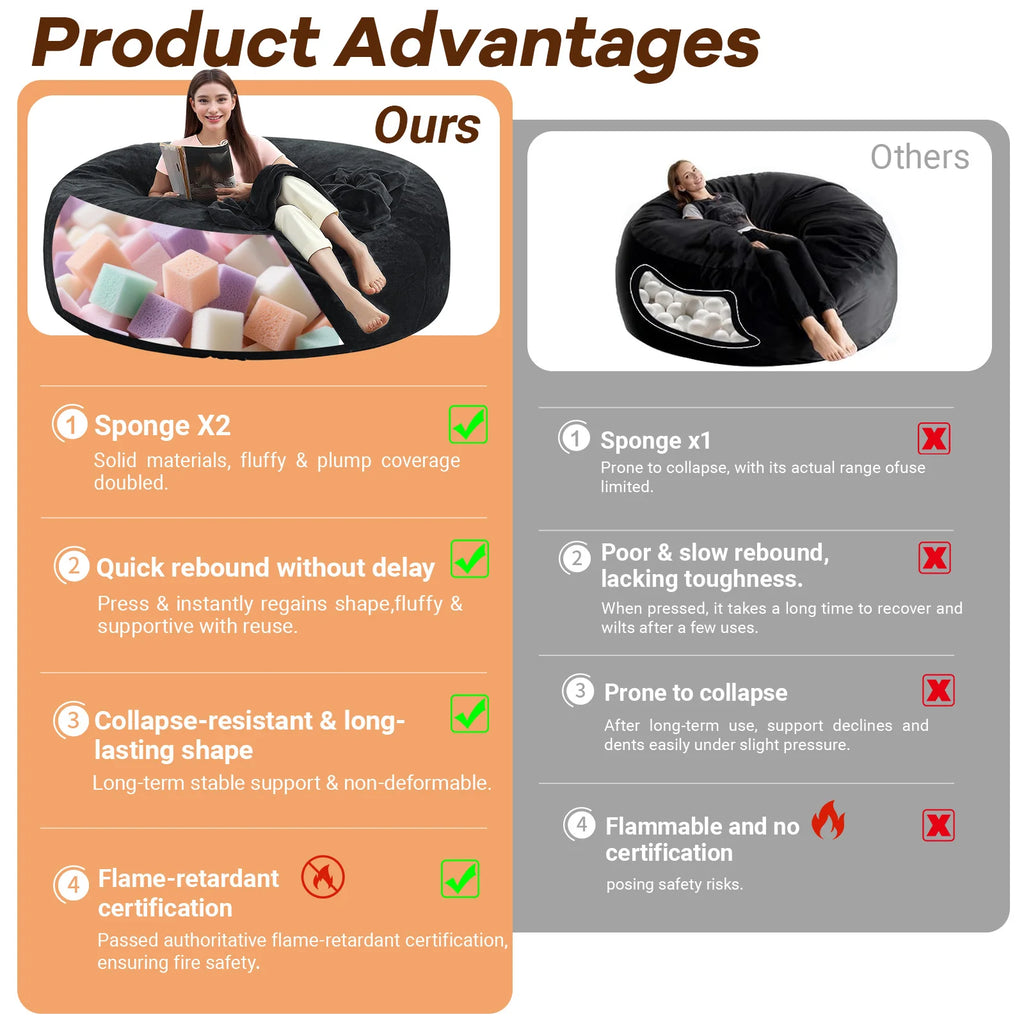 Adult Memory Foam Bean Bag Chair With Washable Soft Cover