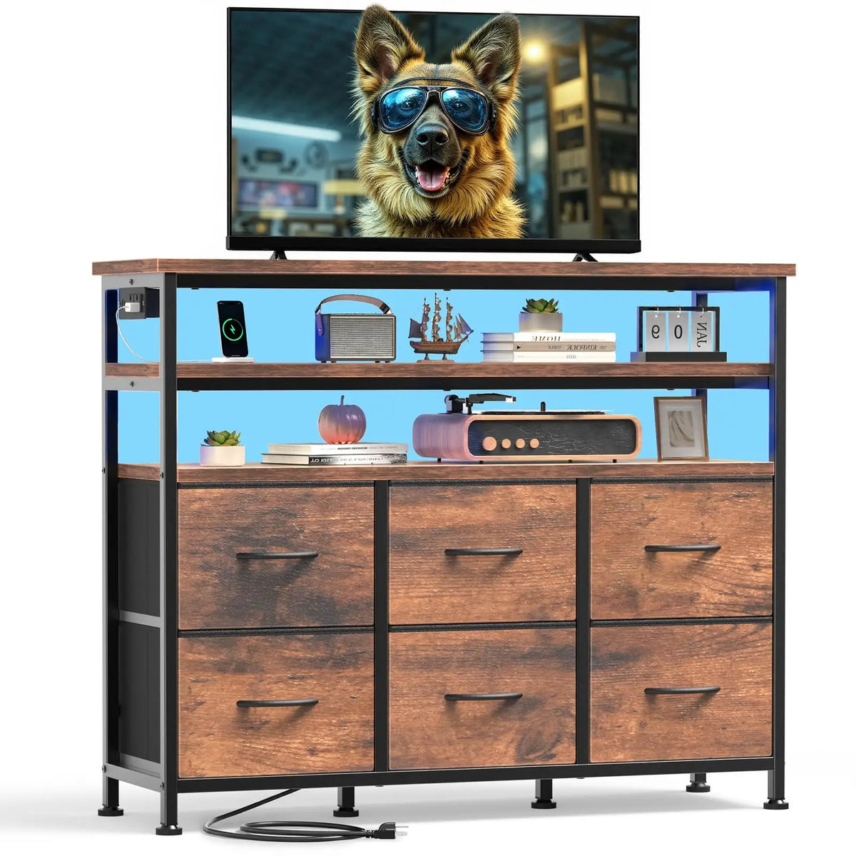 JHK TV Stand With Six Fabric Drawers And Storage Shelves