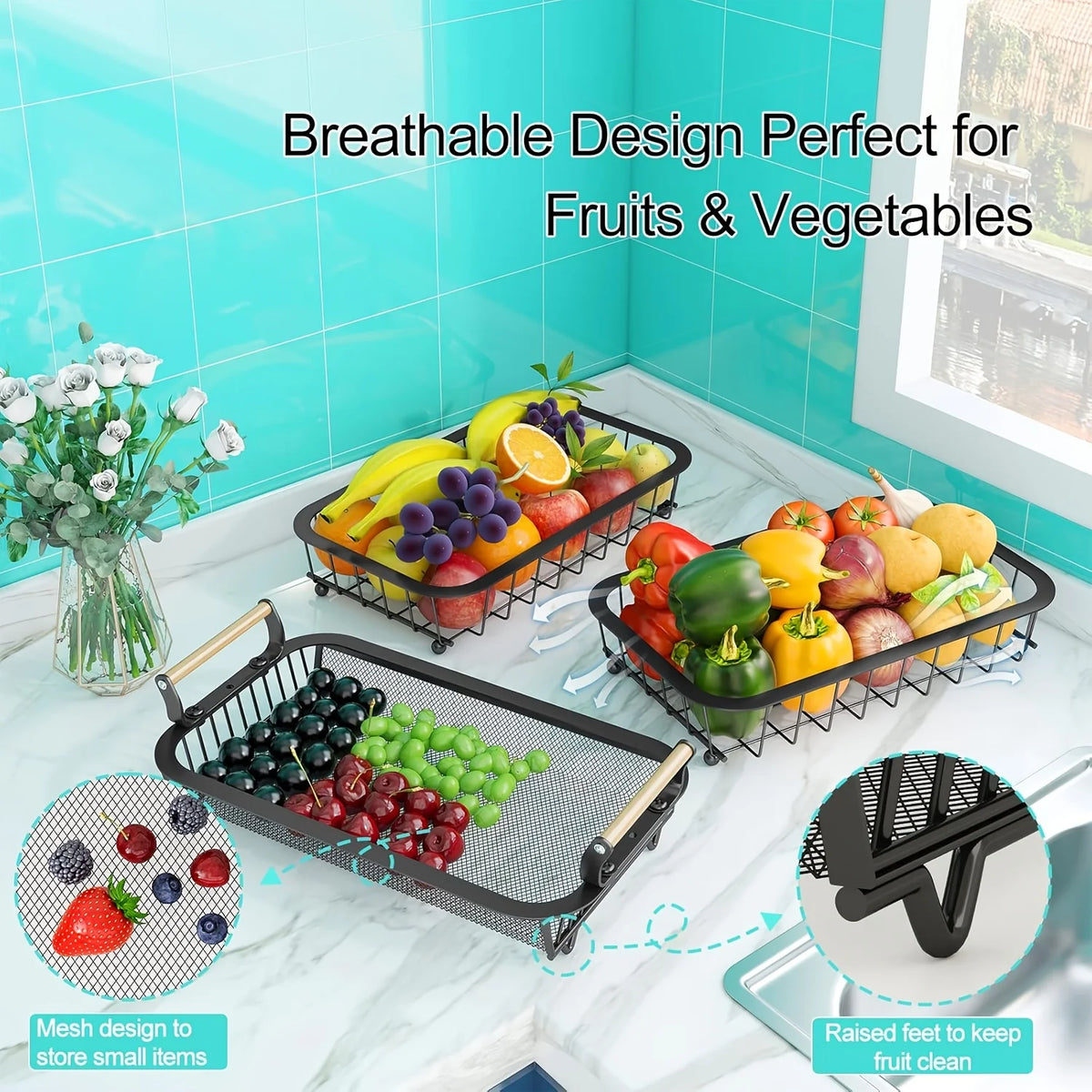 Stainless Steel Fruit Basket With Banana Hangers For Kitchen Storage