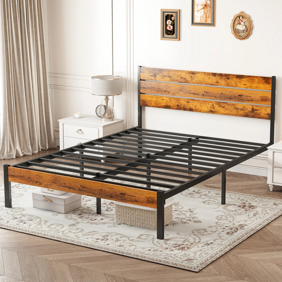 MCQ Wooden Headboard Metal Platform Bed Frame With Sturdy Slat Support