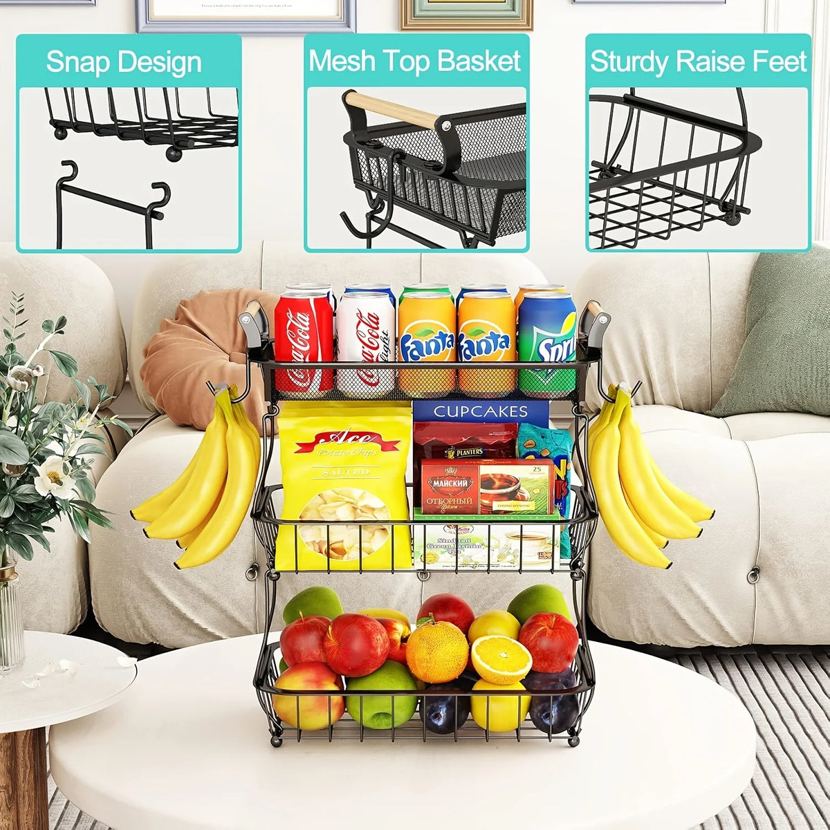 Stainless Steel Fruit Basket With Banana Hangers For Kitchen Storage