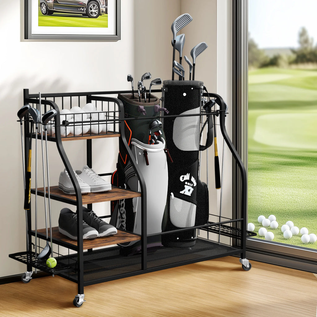 Rolling Golf Bag Storage Rack With Wheels And Three Tiers