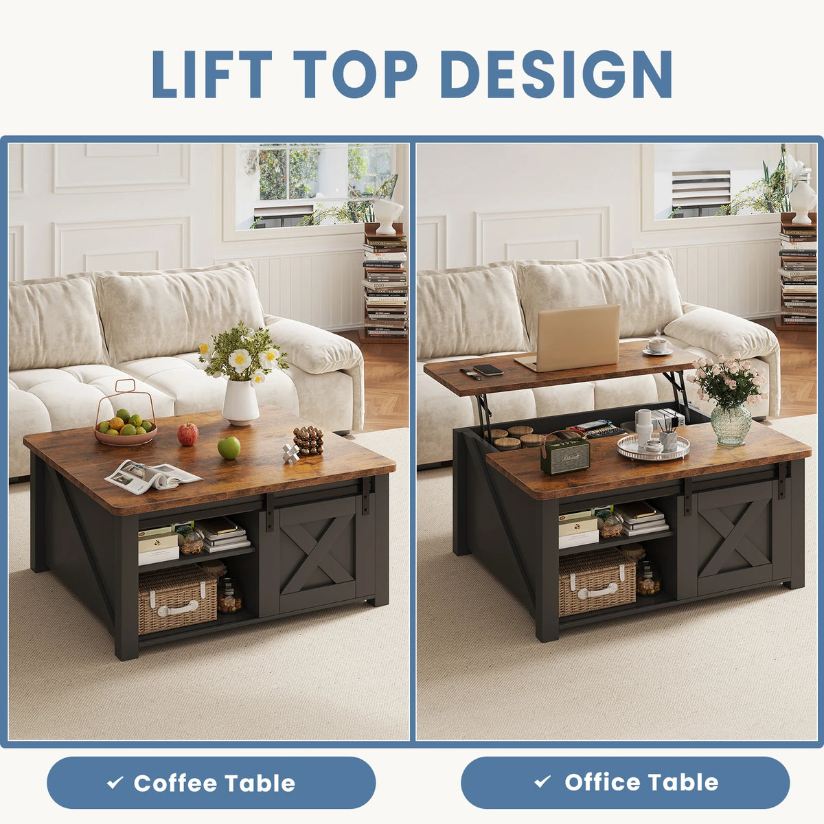 MCQ Lift Top Wooden Coffee Table With Adjustable Storage Shelf