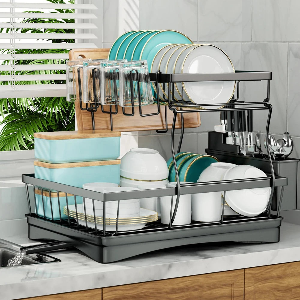 Two Tier Dish Drying Rack With Removable Draining Design