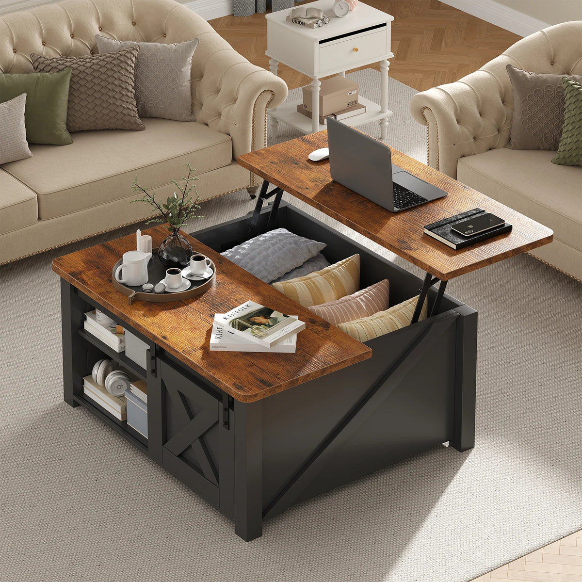 MCQ Lift Top Wooden Coffee Table With Adjustable Storage Shelf