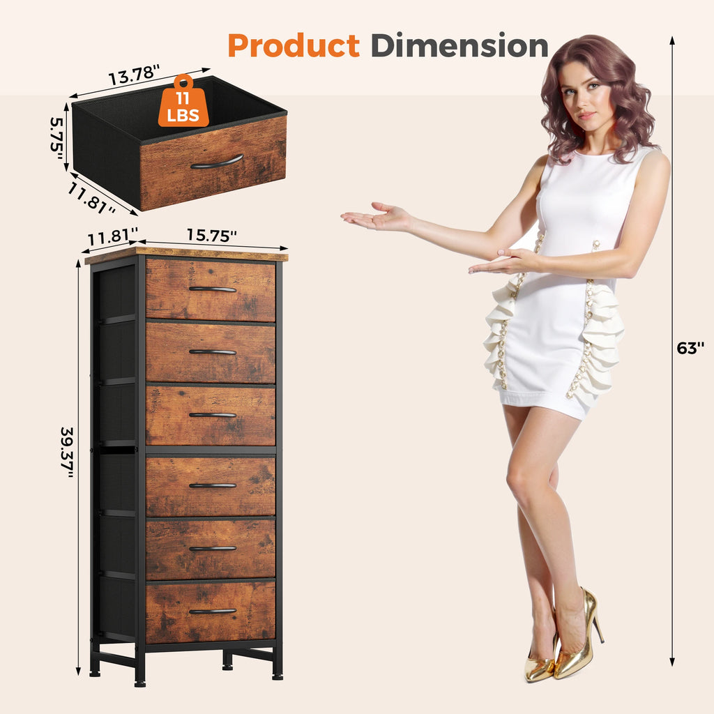 JHK Six Drawer Fabric Dresser With Metal Frame Wood Top