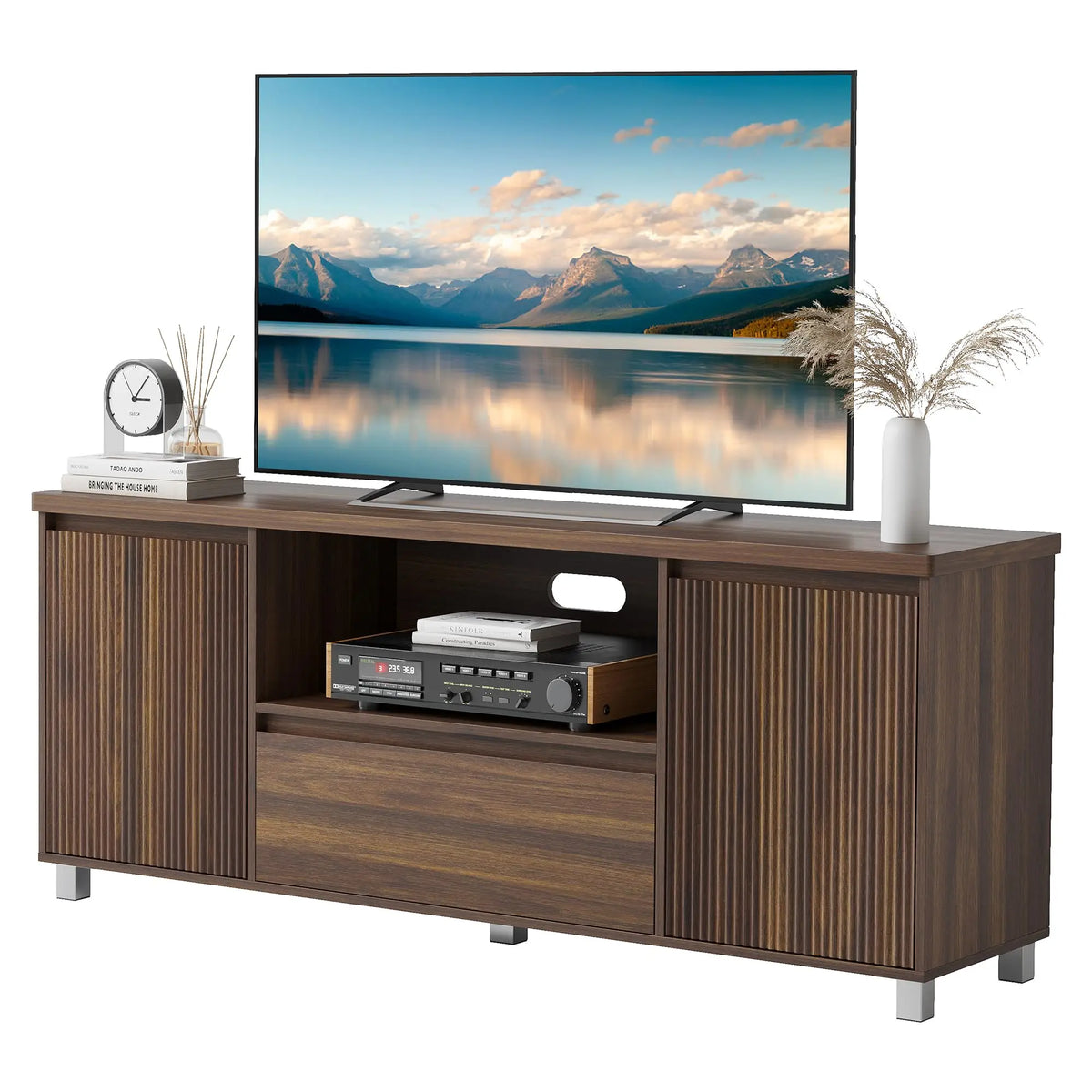 HiMISS Modern TV Stand With Fluted Cabinets And Open Shelves
