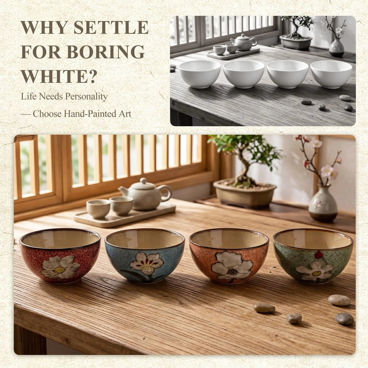 Hand Painted Floral Ceramic Cereal Bowls Set With Classic Design