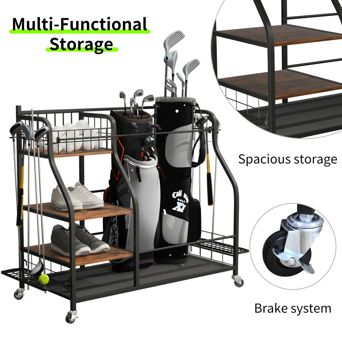 Rolling Golf Bag Storage Rack With Wheels And Three Tiers