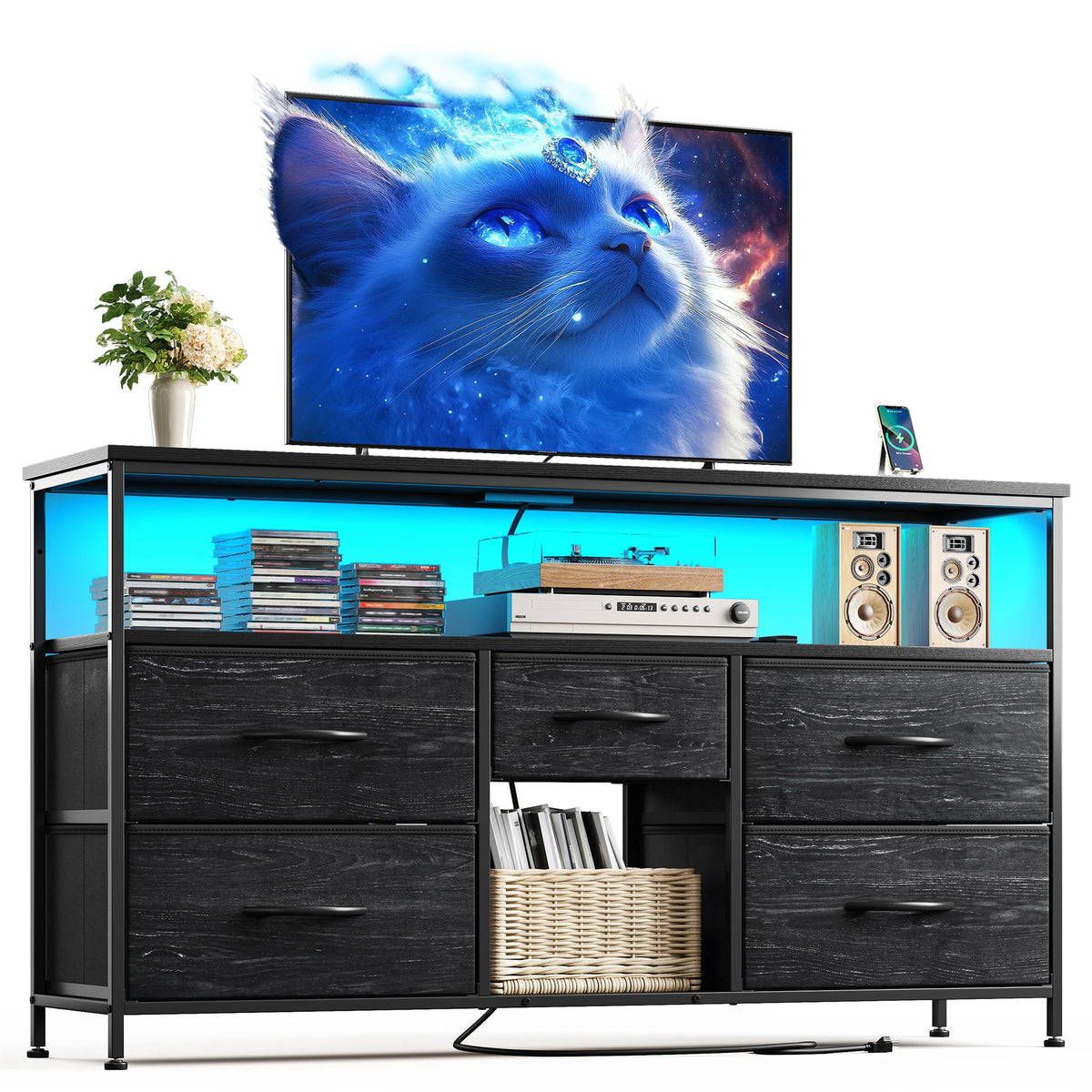 EnHomee Five Drawer TV Console Featuring LED Accent Lighting