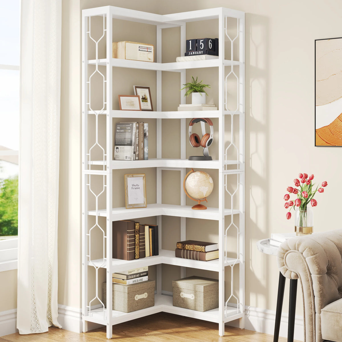 Tribesigns Industrial Corner Bookshelf With 7-Tier Wood and Metal Shelves