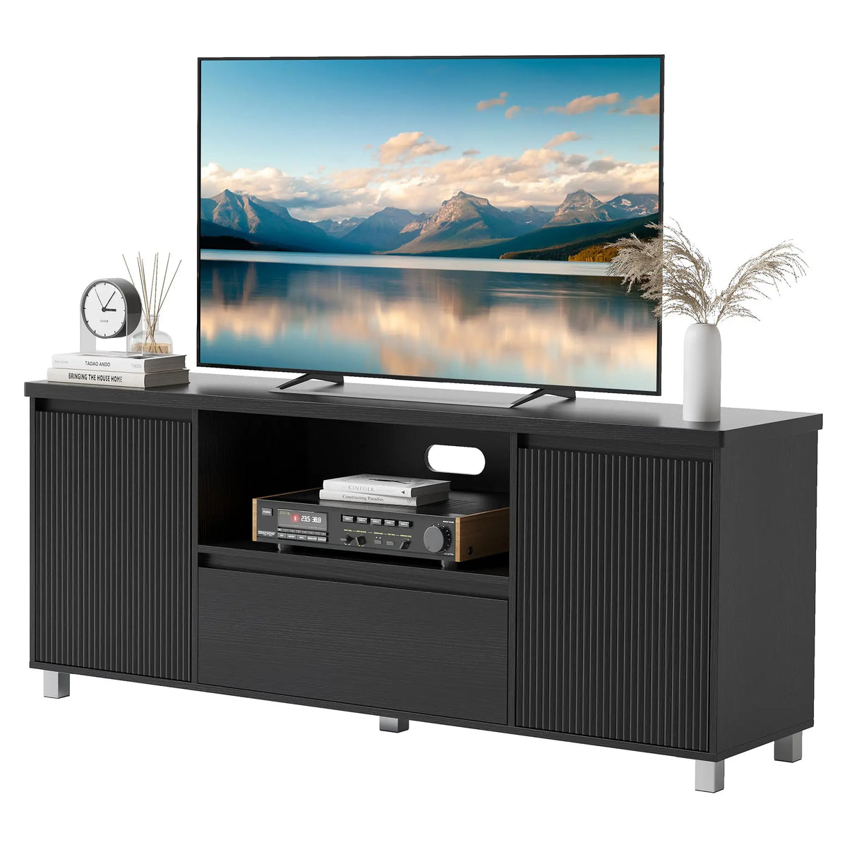 HiMISS Modern TV Stand With Fluted Cabinets And Open Shelves