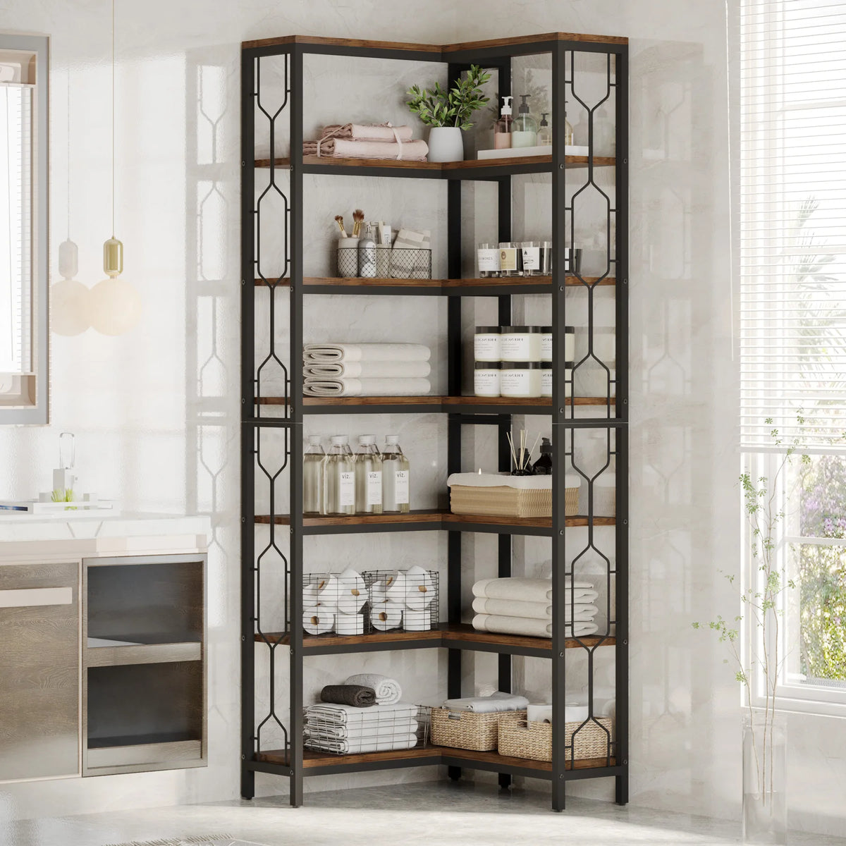 Tribesigns Industrial Corner Bookshelf With 7-Tier Wood and Metal Shelves