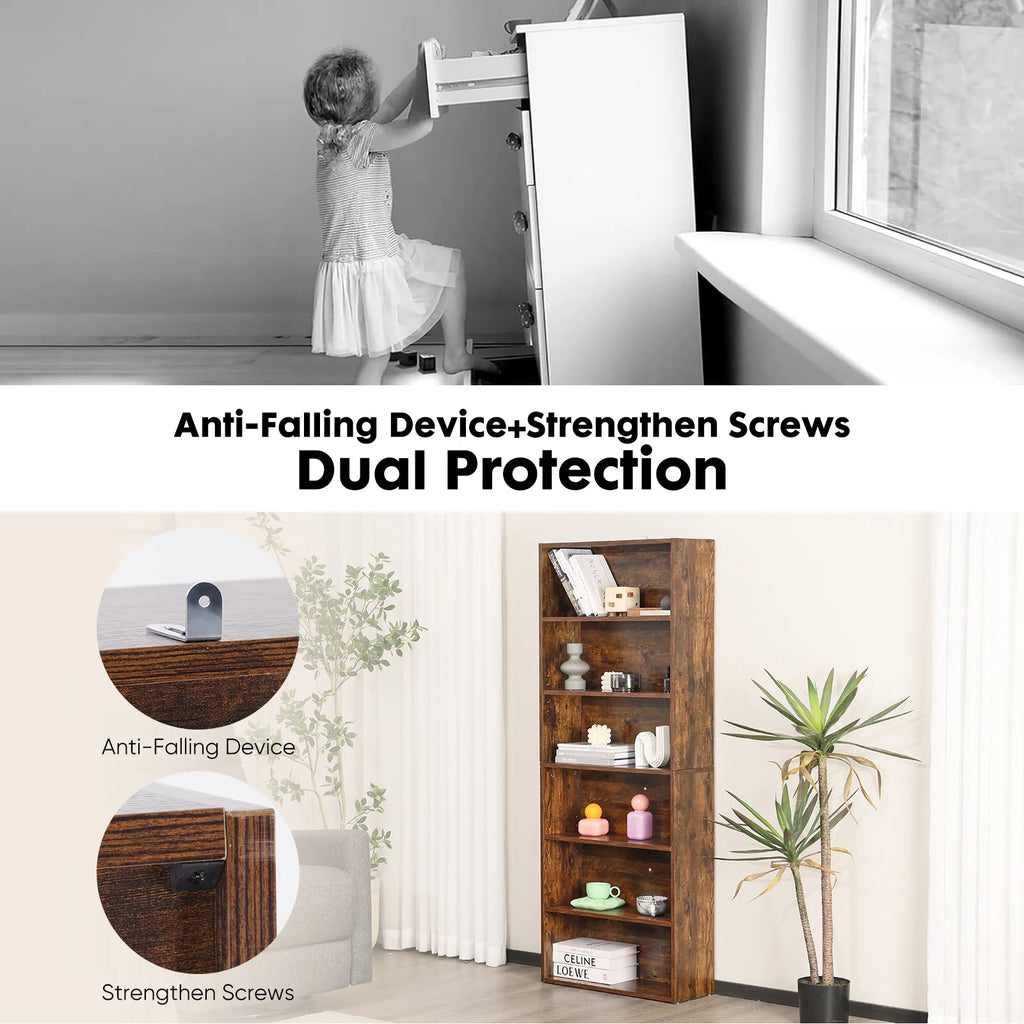 JHK Modern Wooden Bookcase With Six Tier Open Storage Shelves