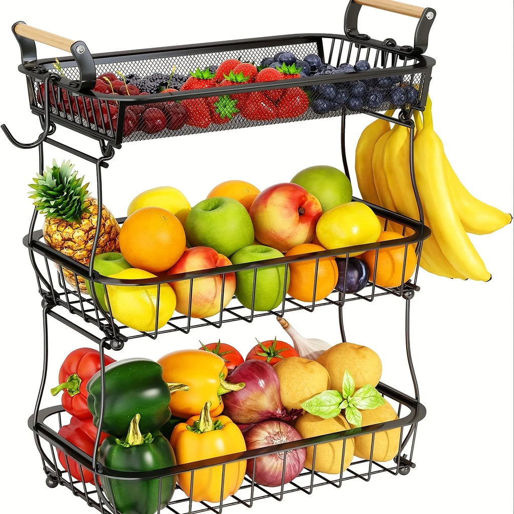 Stainless Steel Fruit Basket With Banana Hangers For Kitchen Storage