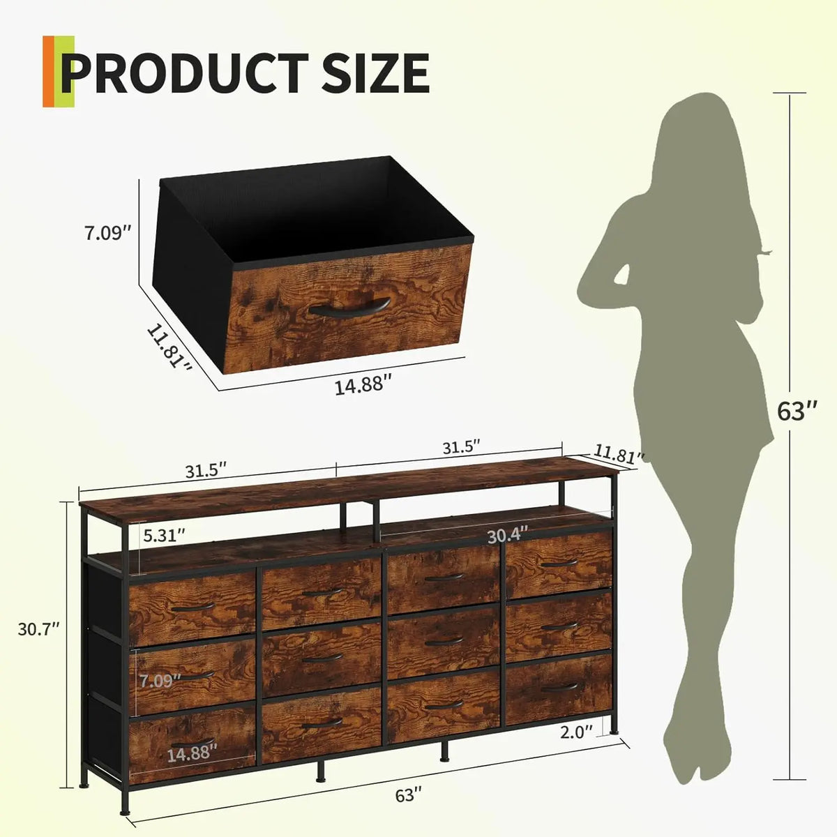 HiMISS 12 Drawer Dresser With Open Shelves And TV Stand